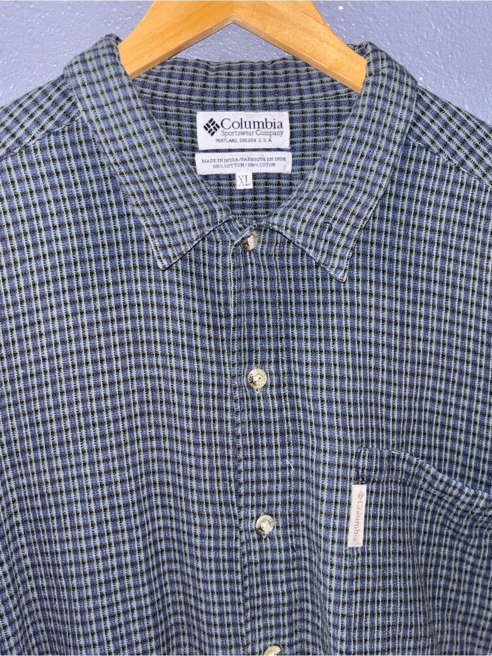 Columbia Men's Short Sleeve Green-Blue Check Casual Button-Down Shirt
